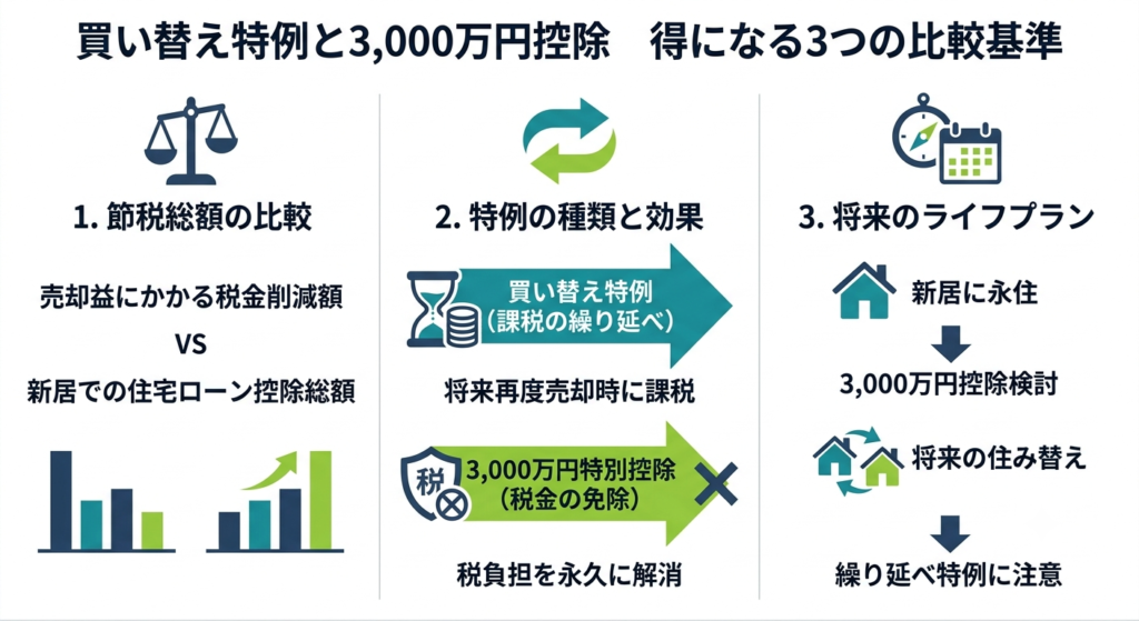買い替え特例と3,000万円控除はどちらが得か決める3つの比較基準